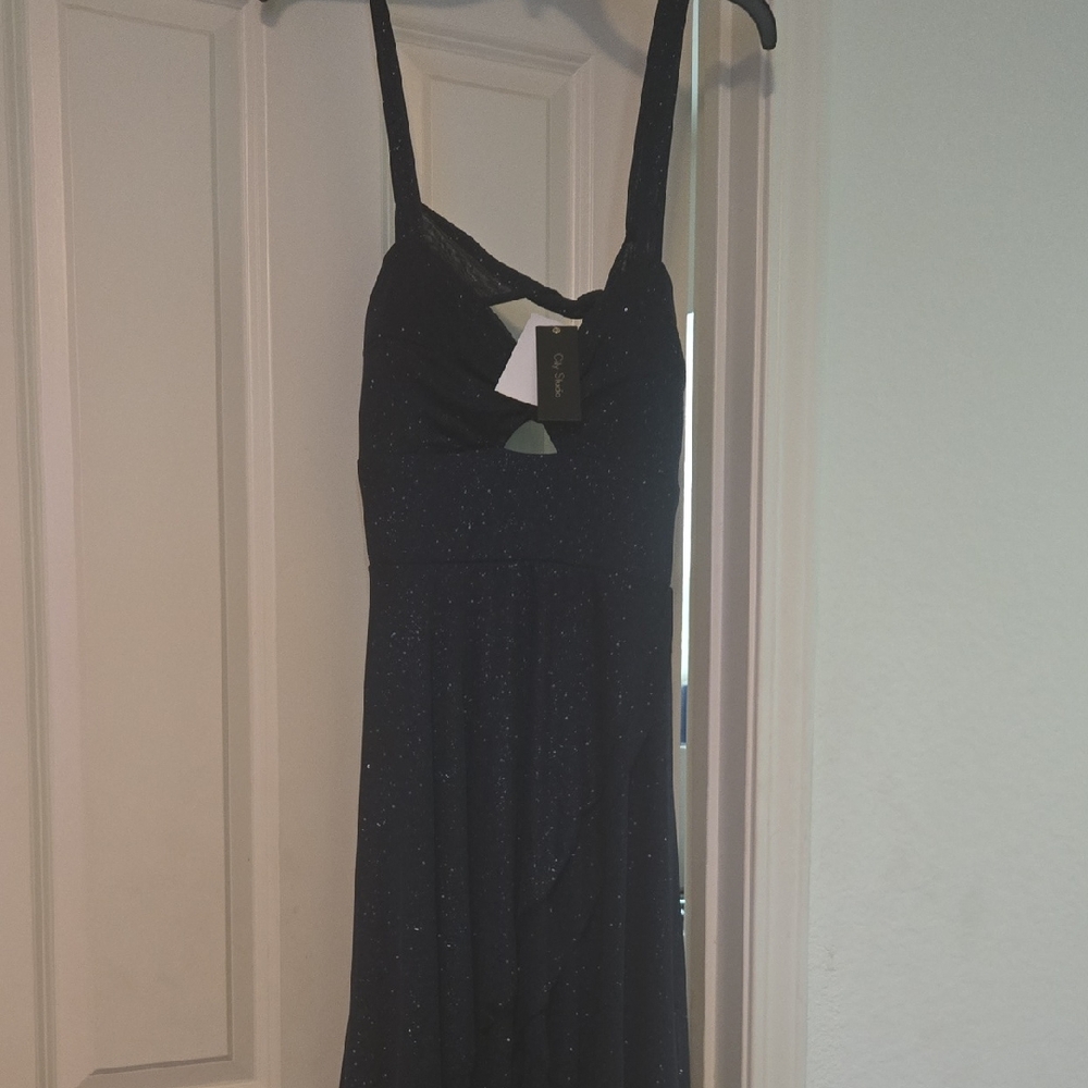 City Studio Dark Blue Sparkle Maxi Dress with Strappy Twist. 46in Length.